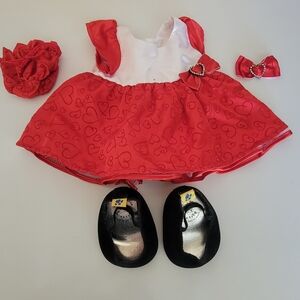 Build a Bear Red / White Satin Heart Fancy Dress Shoes Bag Bow Outfit Valentines